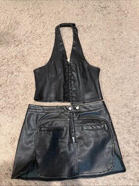 Black Faux Leather Lace-Up Halter Crop Top & Mini Skirt Set